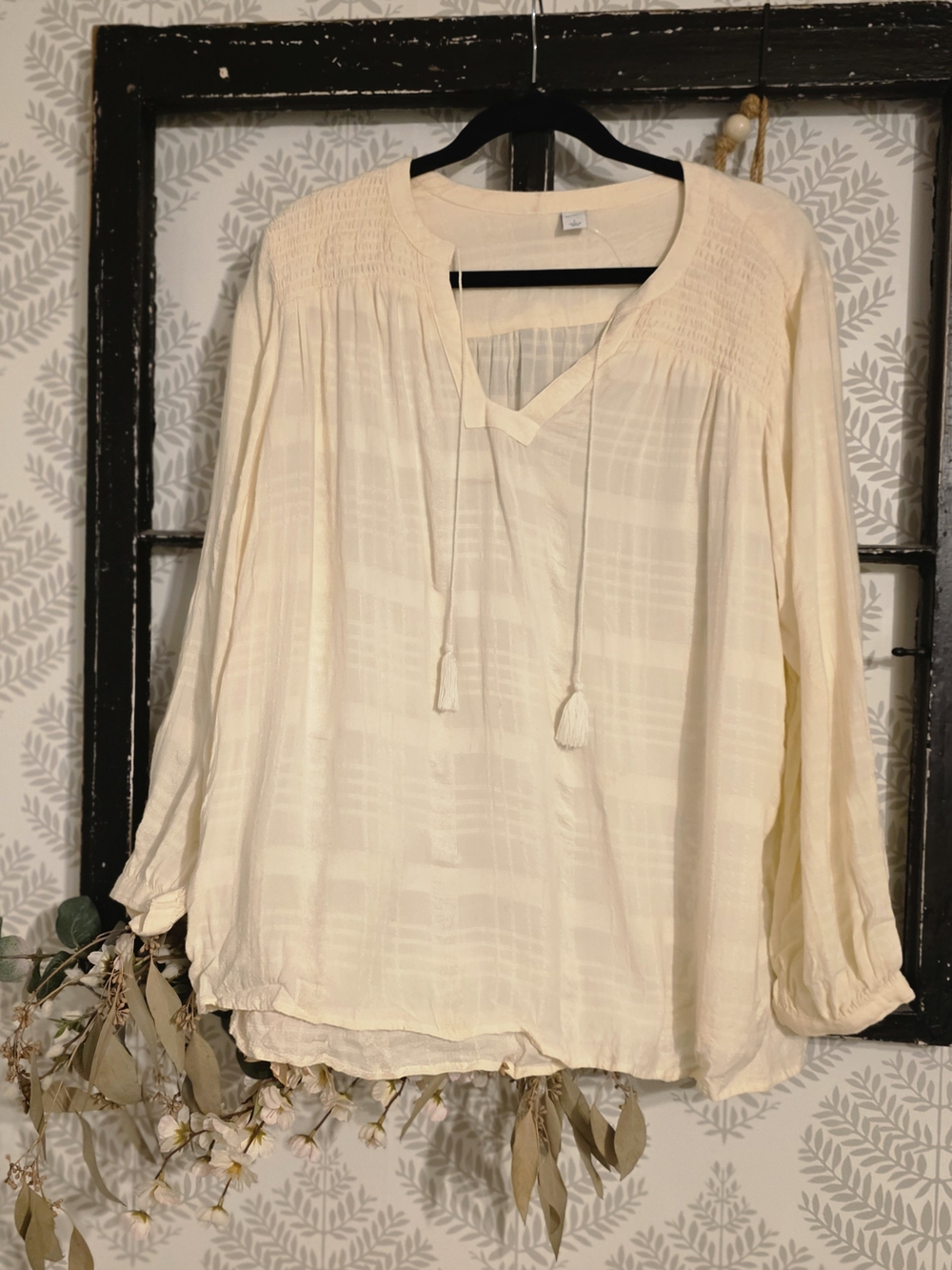 Old Navy Cream Peasant Blouse with Tassel Ties